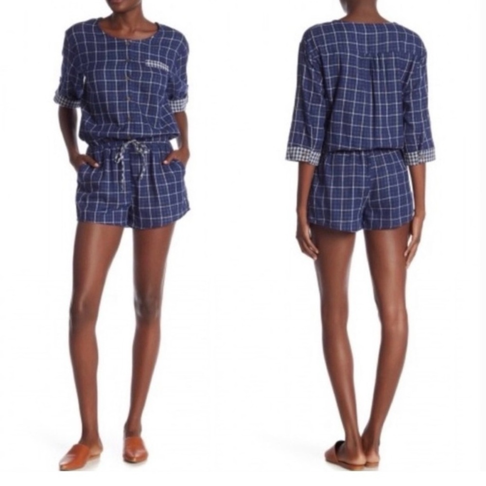 Everly Navy Blue Plaid Button Front Romper Elastic Waist Small